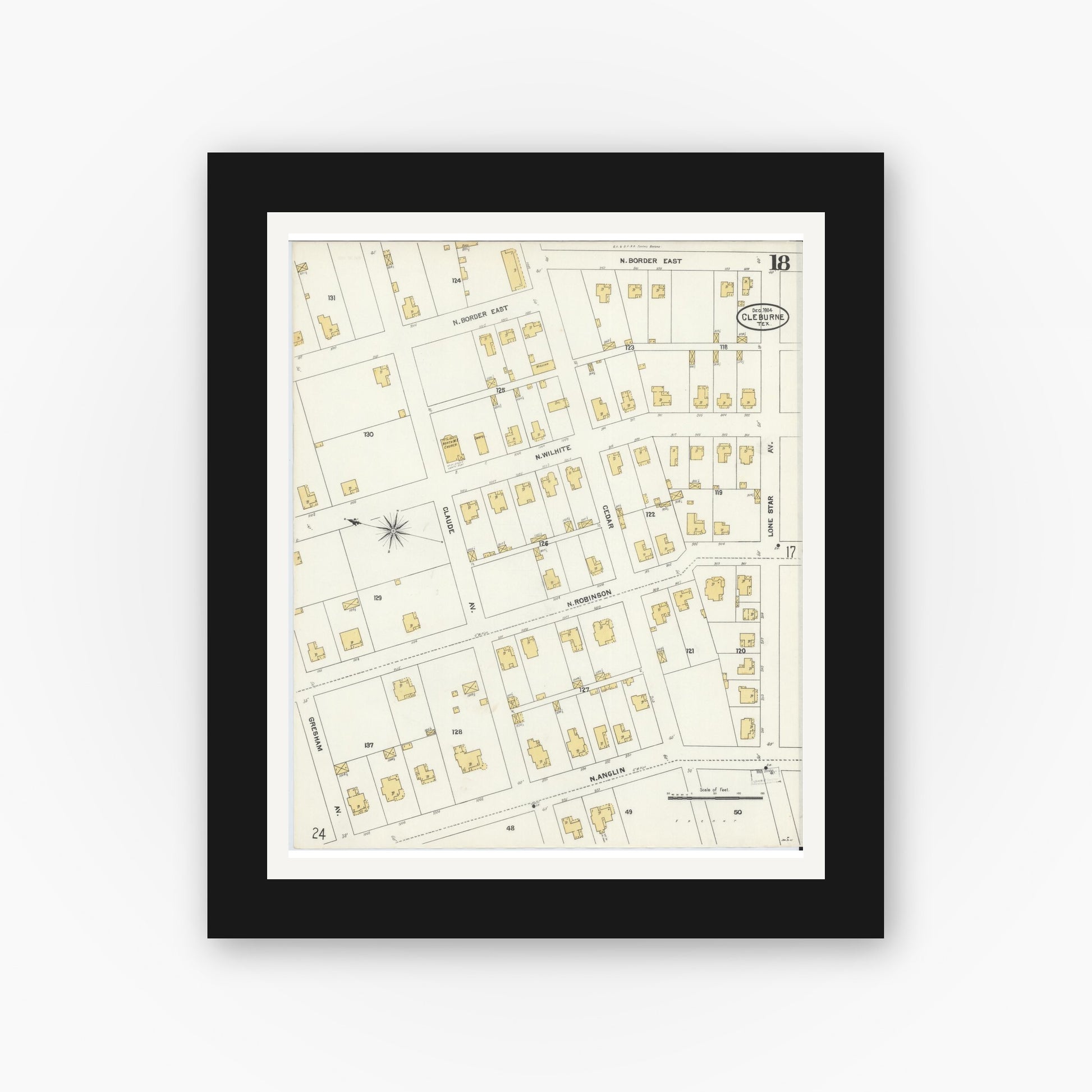 Old map wall art mockup — black gallery frame with white mat — Sanborn Fire Insurance Map from Cleburne, Johnson County, Texas (1904), Sheet #0018