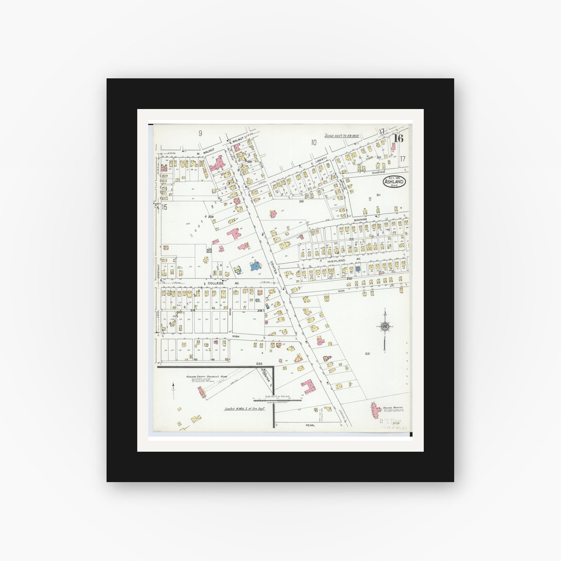 Old map wall art mockup — black gallery frame with white mat — Sanborn Fire Insurance Map from Ashland, Ashland County, Ohio (1919), Sheet #0016