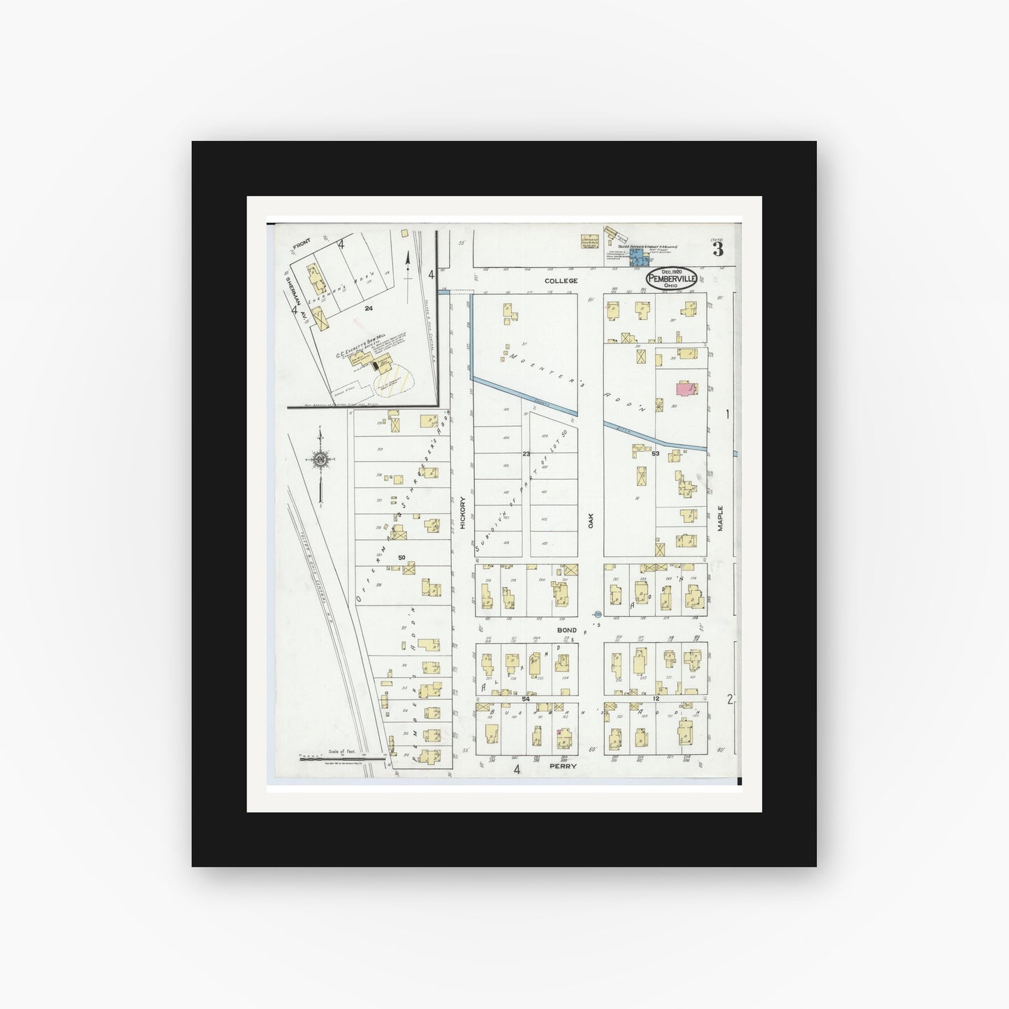 Old map wall art mockup — black gallery frame with white mat — Sanborn Fire Insurance Map from Pemberville, Wood County, Ohio (1920), Sheet #0003