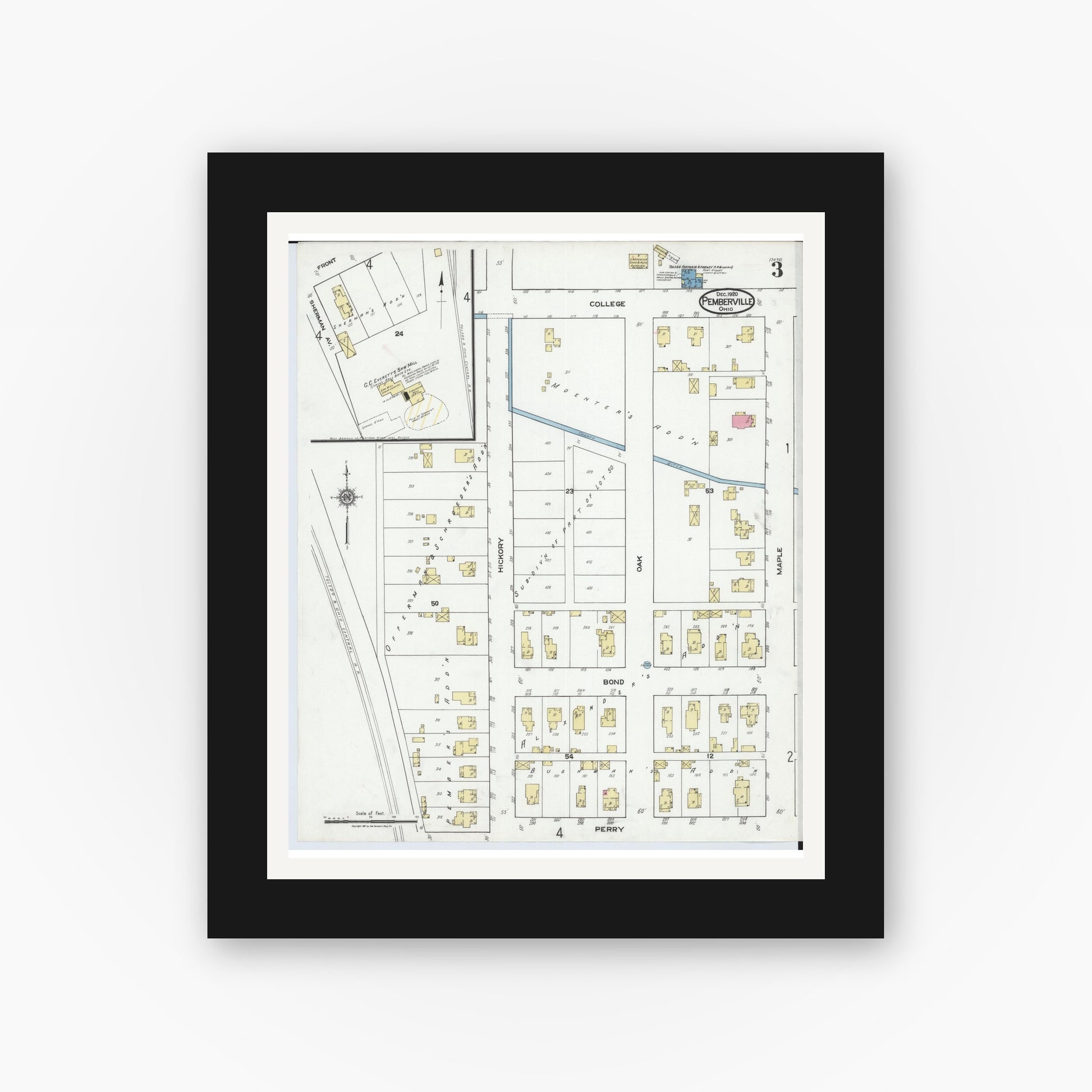 Old map wall art mockup — black gallery frame with white mat — Sanborn Fire Insurance Map from Pemberville, Wood County, Ohio (1920), Sheet #0003