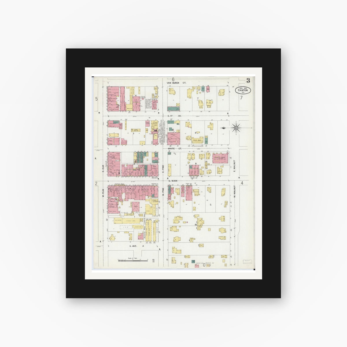 Old map wall art mockup — black gallery frame with white mat — Sanborn Fire Insurance Map from Canton, Fulton County, Illinois (1902), Sheet #0003
