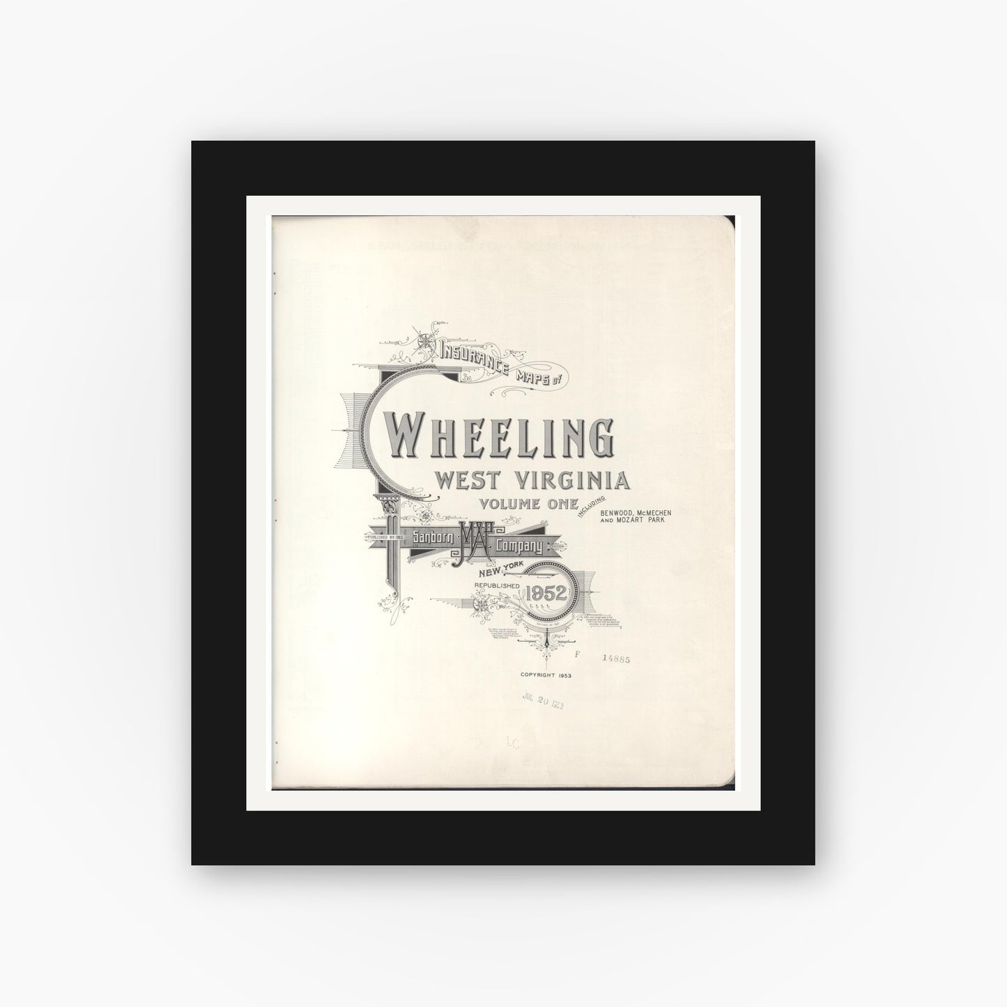 Old map wall art mockup — black gallery frame with white mat — Sanborn Fire Insurance Map from Wheeling, Ohio County, West Virginia (1952), Sheet #0001