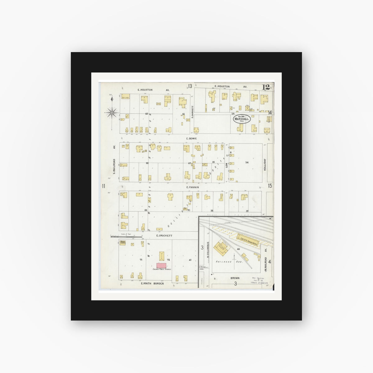 Old map wall art mockup — black gallery frame with white mat — Sanborn Fire Insurance Map from Marshall, Harrison County, Texas (1899), Sheet #0012