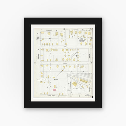 Old map wall art mockup — black gallery frame with white mat — Sanborn Fire Insurance Map from Marshall, Harrison County, Texas (1899), Sheet #0012