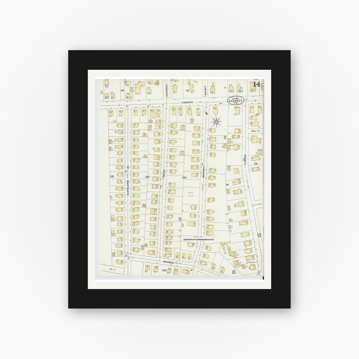 Old map wall art mockup — black gallery frame with white mat — Sanborn Fire Insurance Map from Everett, Middlesex County, Massachusetts (1897), Sheet #0014