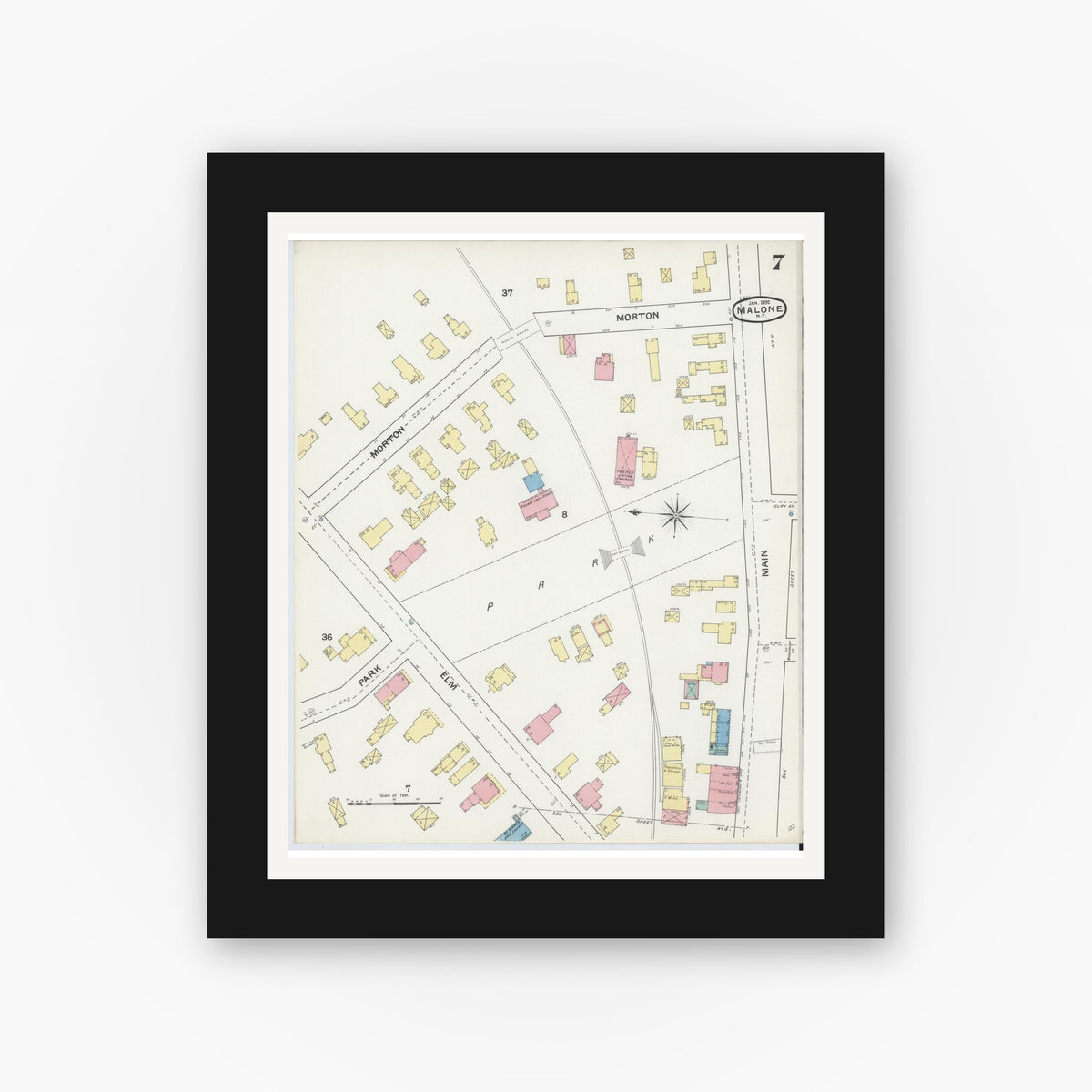 Old map wall art mockup — black gallery frame with white mat — Sanborn Fire Insurance Map from Malone, Franklin County, New York (1892), Sheet #0007