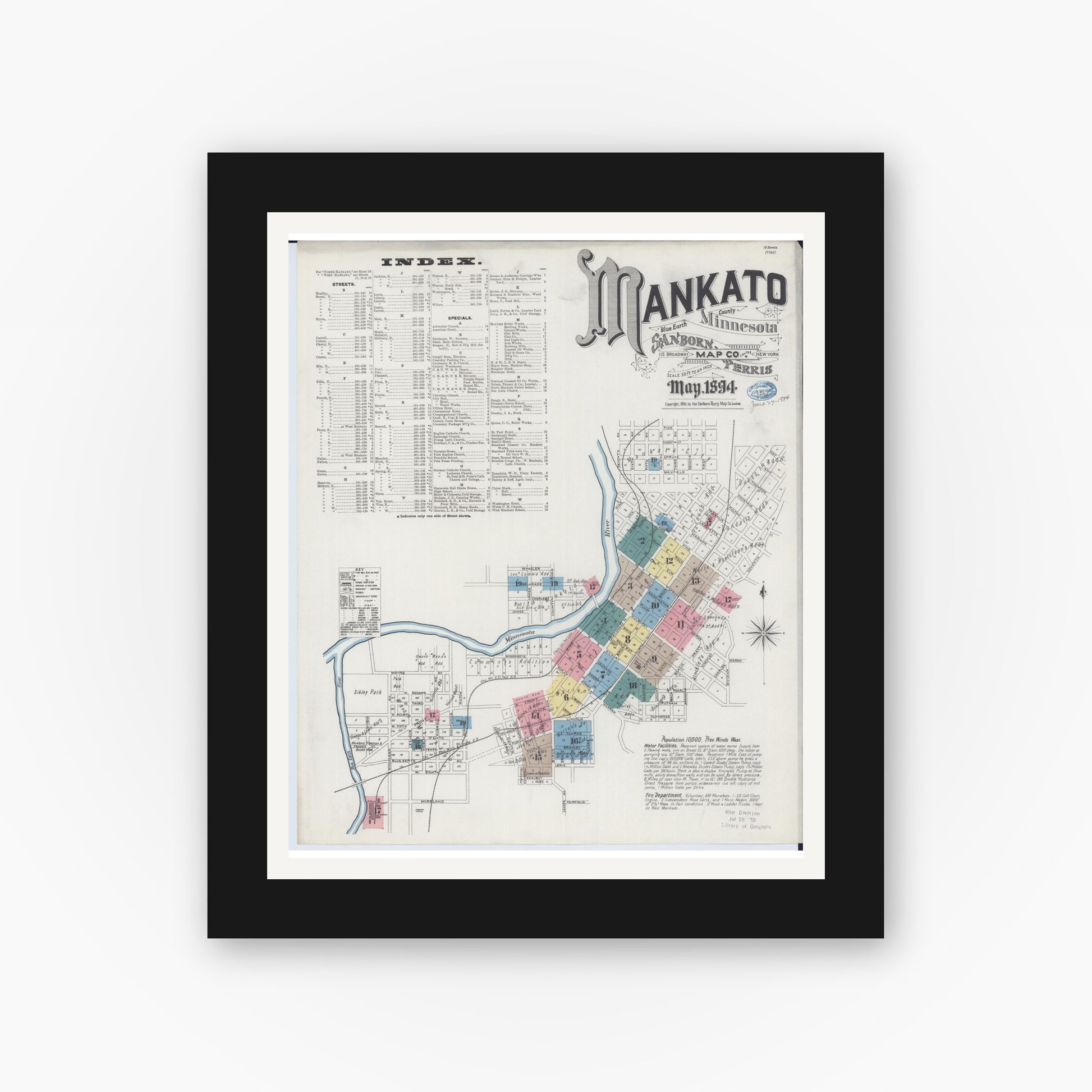 Old map wall art mockup — black gallery frame with white mat — Sanborn Fire Insurance Map from Mankato, Blue Earth County, Minnesota (1894) - Complete Map Set
