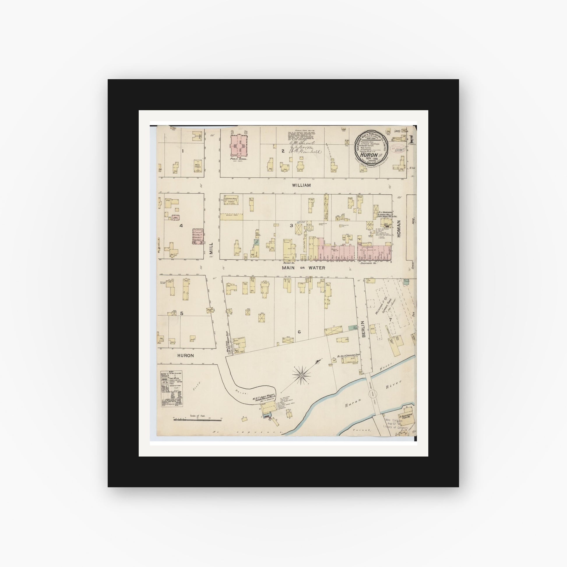 Old map wall art mockup — black gallery frame with white mat — Sanborn Fire Insurance Map from Huron, Erie County, Ohio (1888) - Complete Map Set