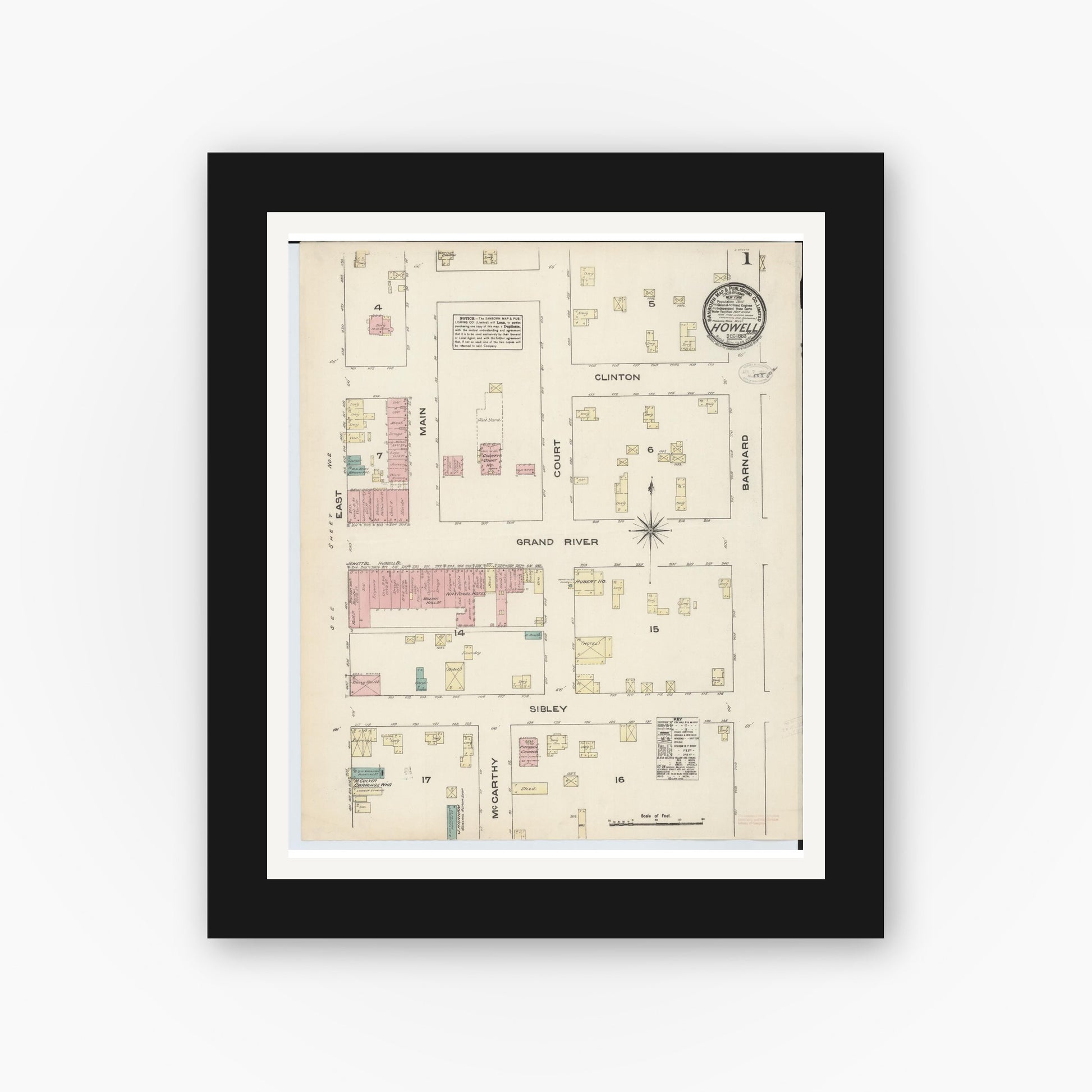 Old map wall art mockup — black gallery frame with white mat — Sanborn Fire Insurance Map from Howell, Livingston County, Michigan (1883) - Complete Map Set