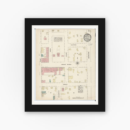 Old map wall art mockup — black gallery frame with white mat — Sanborn Fire Insurance Map from Howell, Livingston County, Michigan (1883) - Complete Map Set