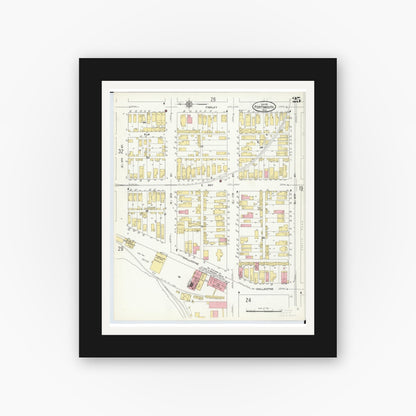 Old map wall art mockup — black gallery frame with white mat — Sanborn Fire Insurance Map from Portsmouth, Scioto County, Ohio (1911), Sheet #0025