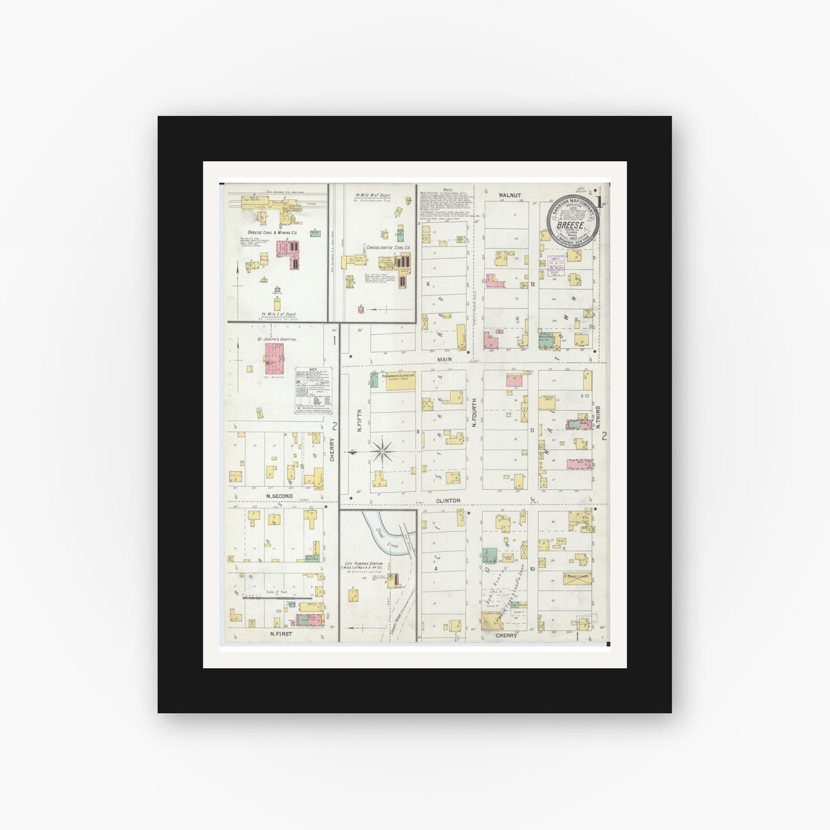 Old map wall art mockup — black gallery frame with white mat — Sanborn Fire Insurance Map from Breese, Clinton County, Illinois (1902) - Complete Map Set
