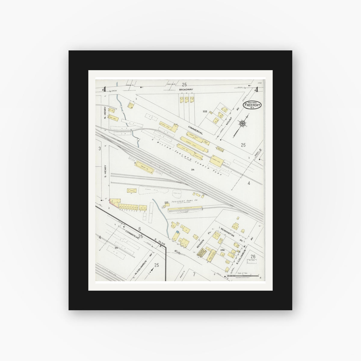 Old map wall art mockup — black gallery frame with white mat — Sanborn Fire Insurance Map from Freeport, Nassau County, New York (1925), Sheet #0004