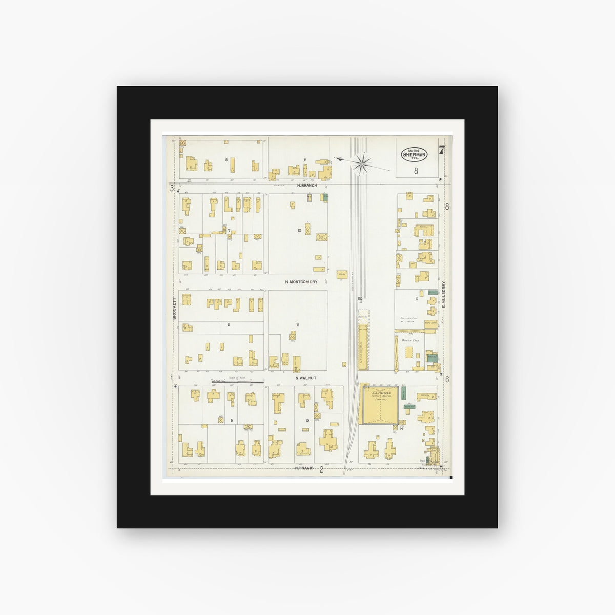 Old map wall art mockup — black gallery frame with white mat — Sanborn Fire Insurance Map from Sherman, Grayson County, Texas (1902), Sheet #0007
