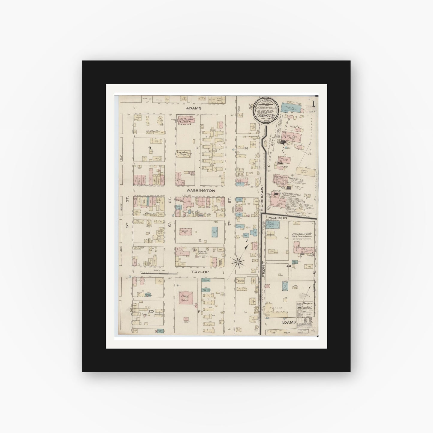 Old map wall art mockup — black gallery frame with white mat — Sanborn Fire Insurance Map from Cannelton, Perry County, Indiana (1886), Sheet #0001