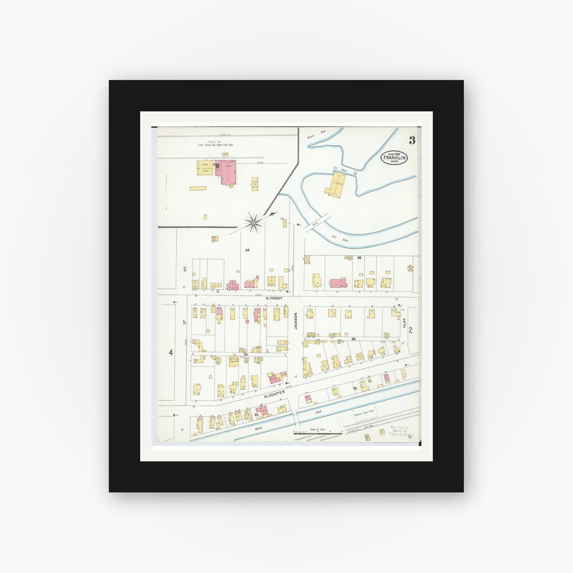 Old map wall art mockup — black gallery frame with white mat — Sanborn Fire Insurance Map from Franklin, Warren County, Ohio (1905), Sheet #0003