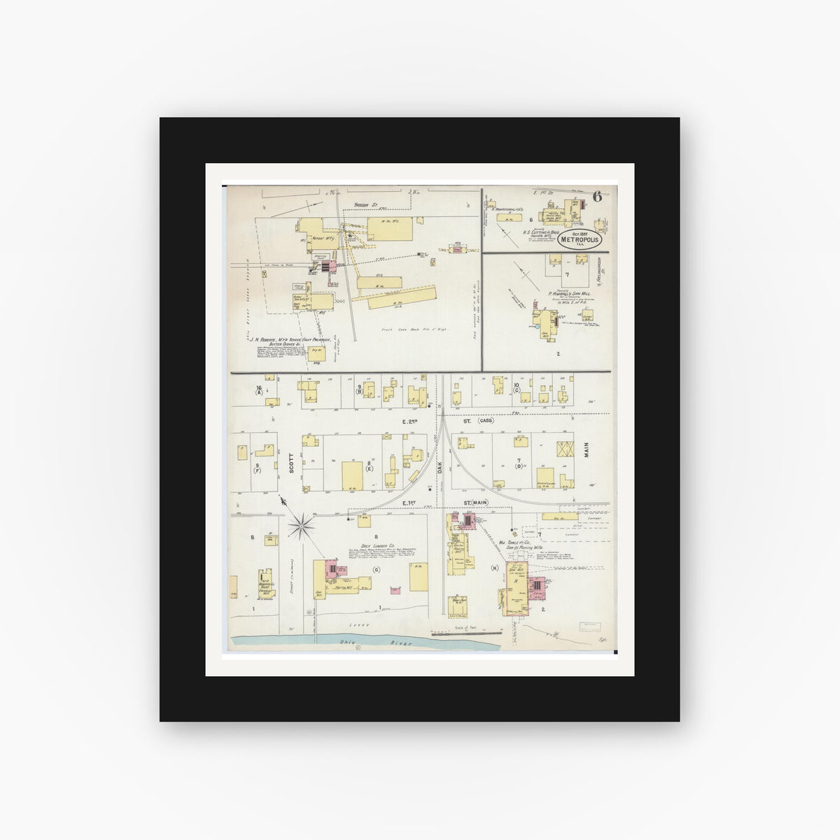 Old map wall art mockup — black gallery frame with white mat — Sanborn Fire Insurance Map from Metropolis, Massac County, Illinois (1897), Sheet #0006
