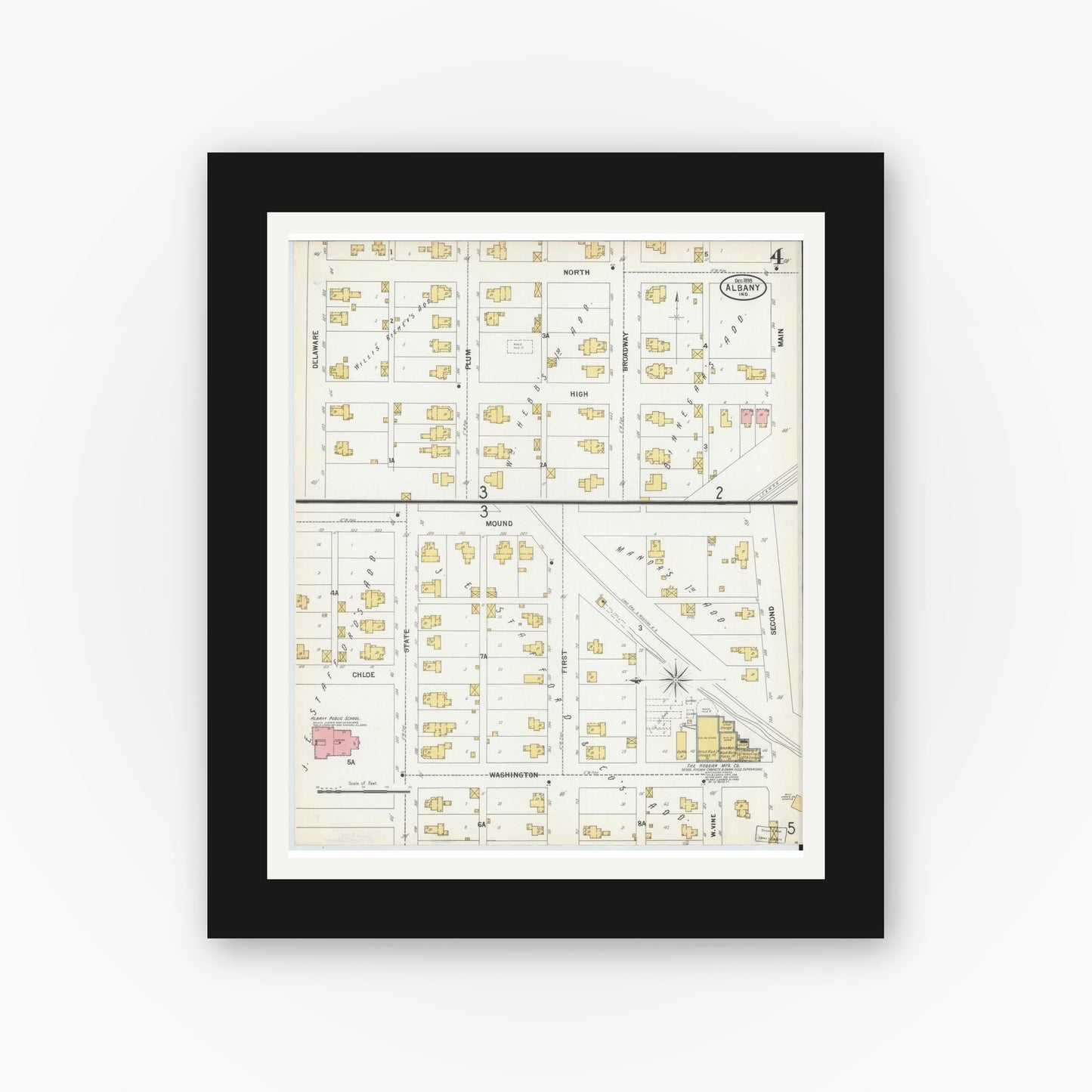 Old map wall art mockup — black gallery frame with white mat — Sanborn Fire Insurance Map from Albany, Delaware County, Indiana (1899), Sheet #0004