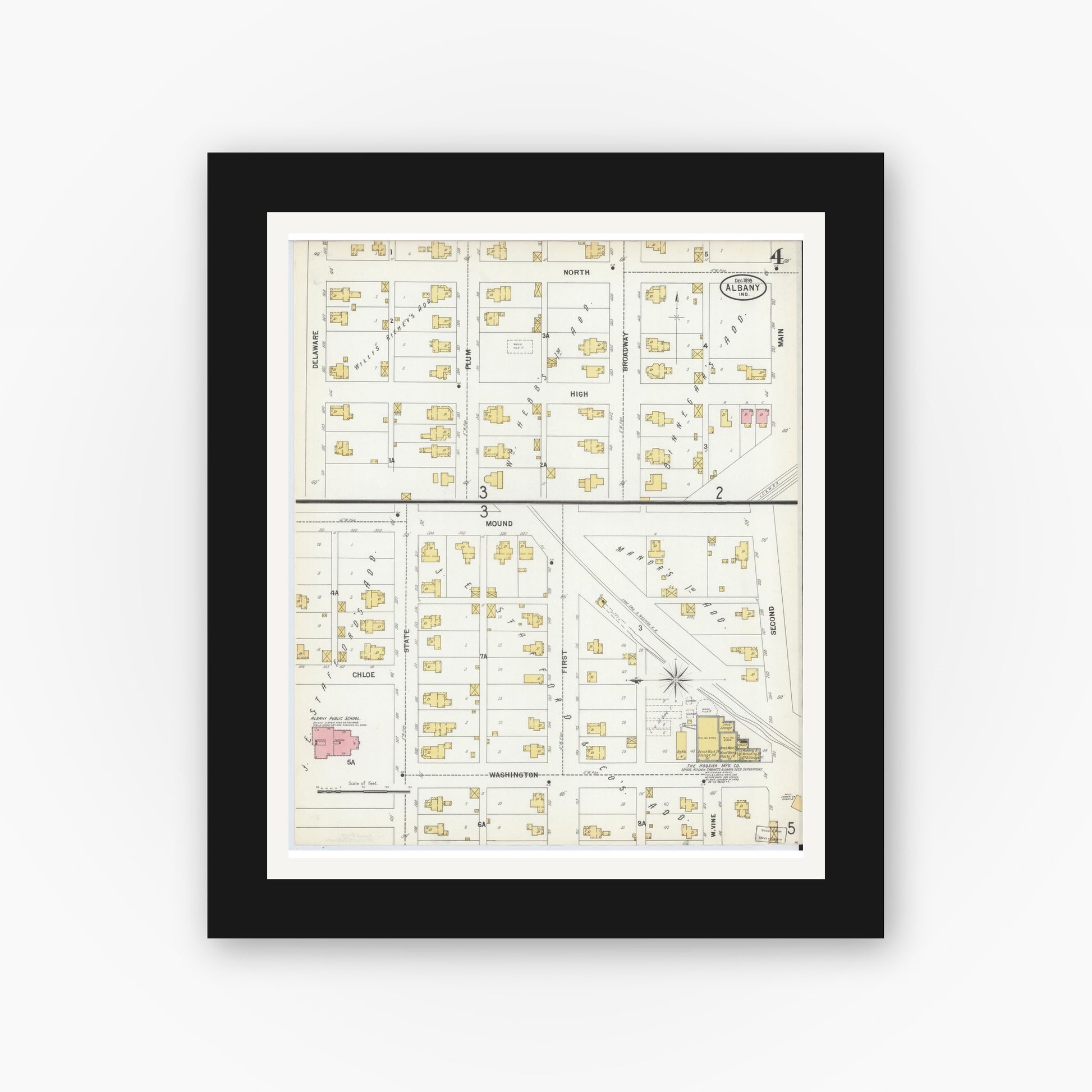 Old map wall art mockup — black gallery frame with white mat — Sanborn Fire Insurance Map from Albany, Delaware County, Indiana (1899), Sheet #0004
