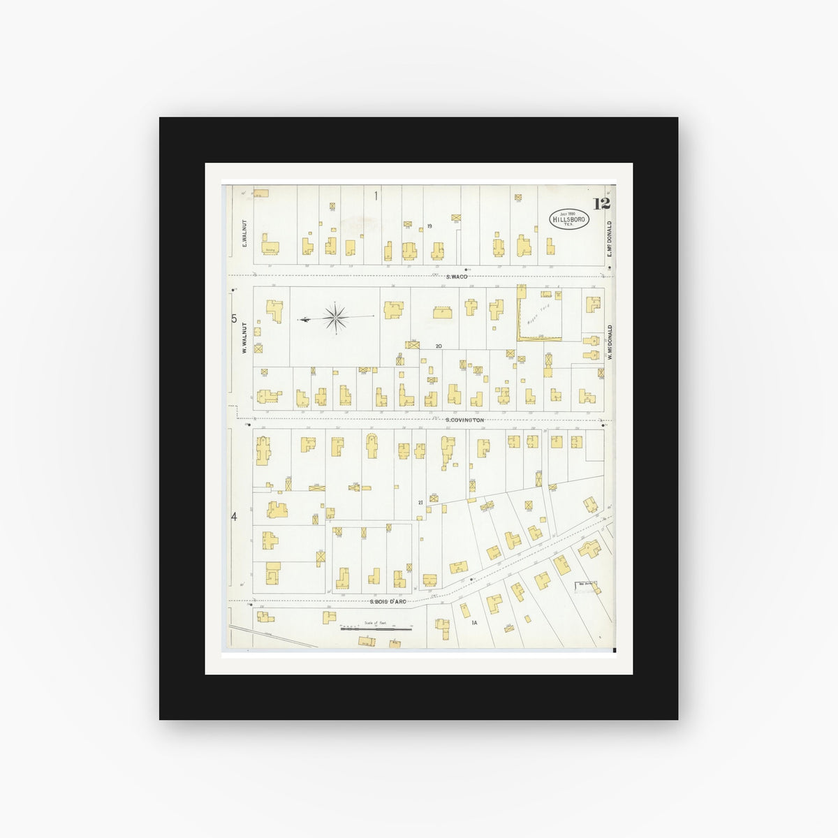Old map wall art mockup — black gallery frame with white mat — Sanborn Fire Insurance Map from Hillsboro, Hill County, Texas (1900), Sheet #0012
