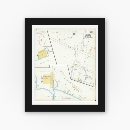 Old map wall art mockup — black gallery frame with white mat — Sanborn Fire Insurance Map from Greenport, Suffolk County, New York (1917), Sheet #0013