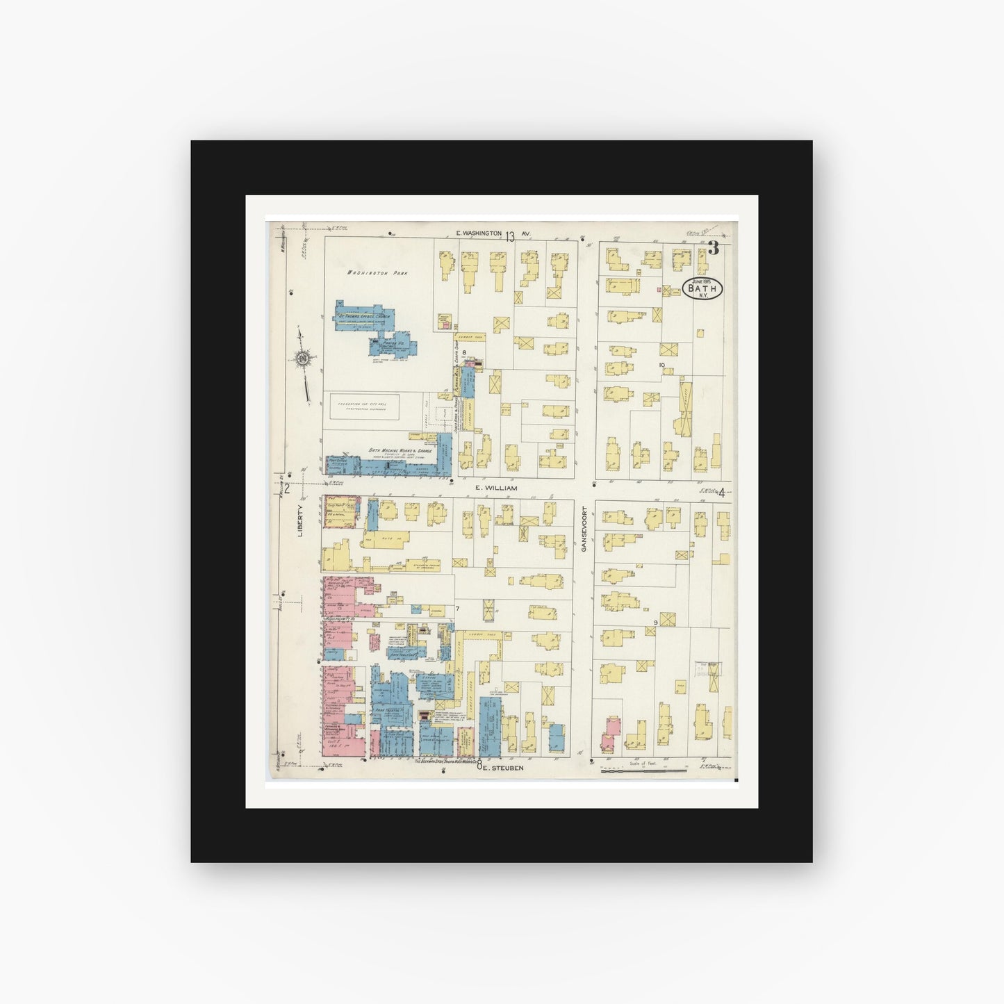 Old map wall art mockup — black gallery frame with white mat — Sanborn Fire Insurance Map from Bath, Steuben County, New York (1915), Sheet #0003