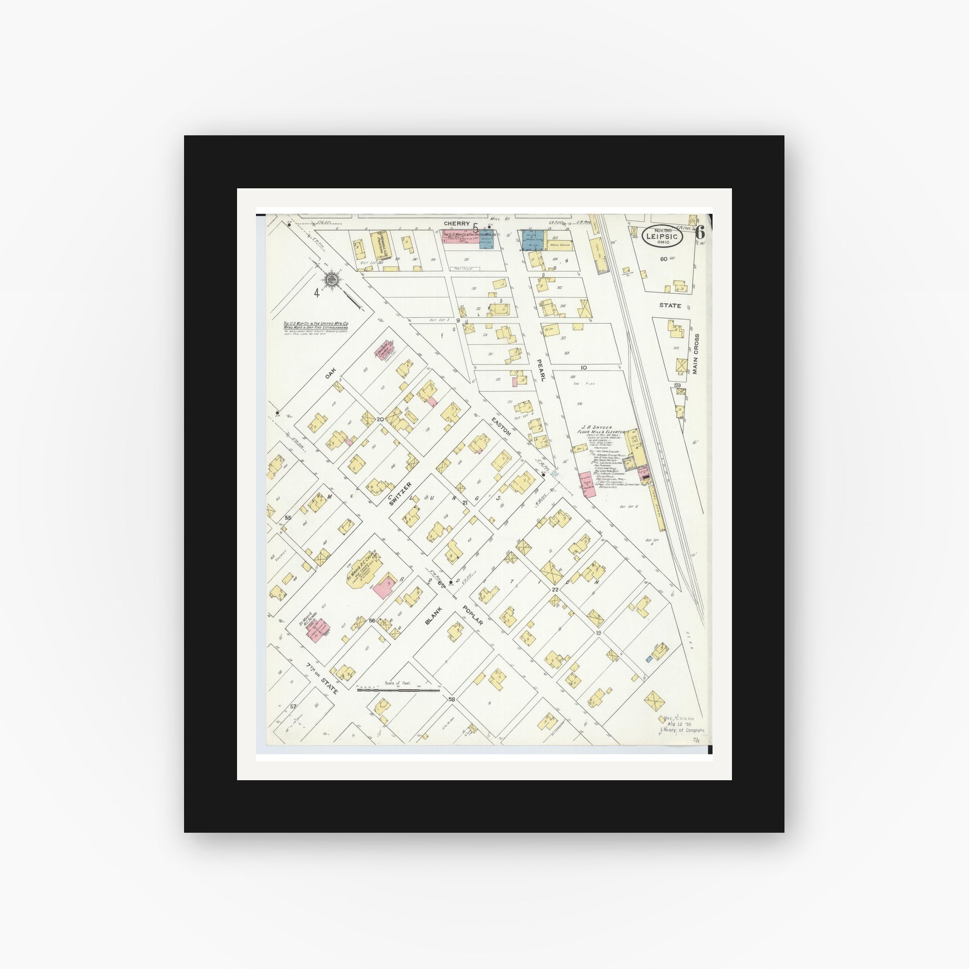 Old map wall art mockup — black gallery frame with white mat — Sanborn Fire Insurance Map from Leipsic, Putnam County, Ohio (1910), Sheet #0006