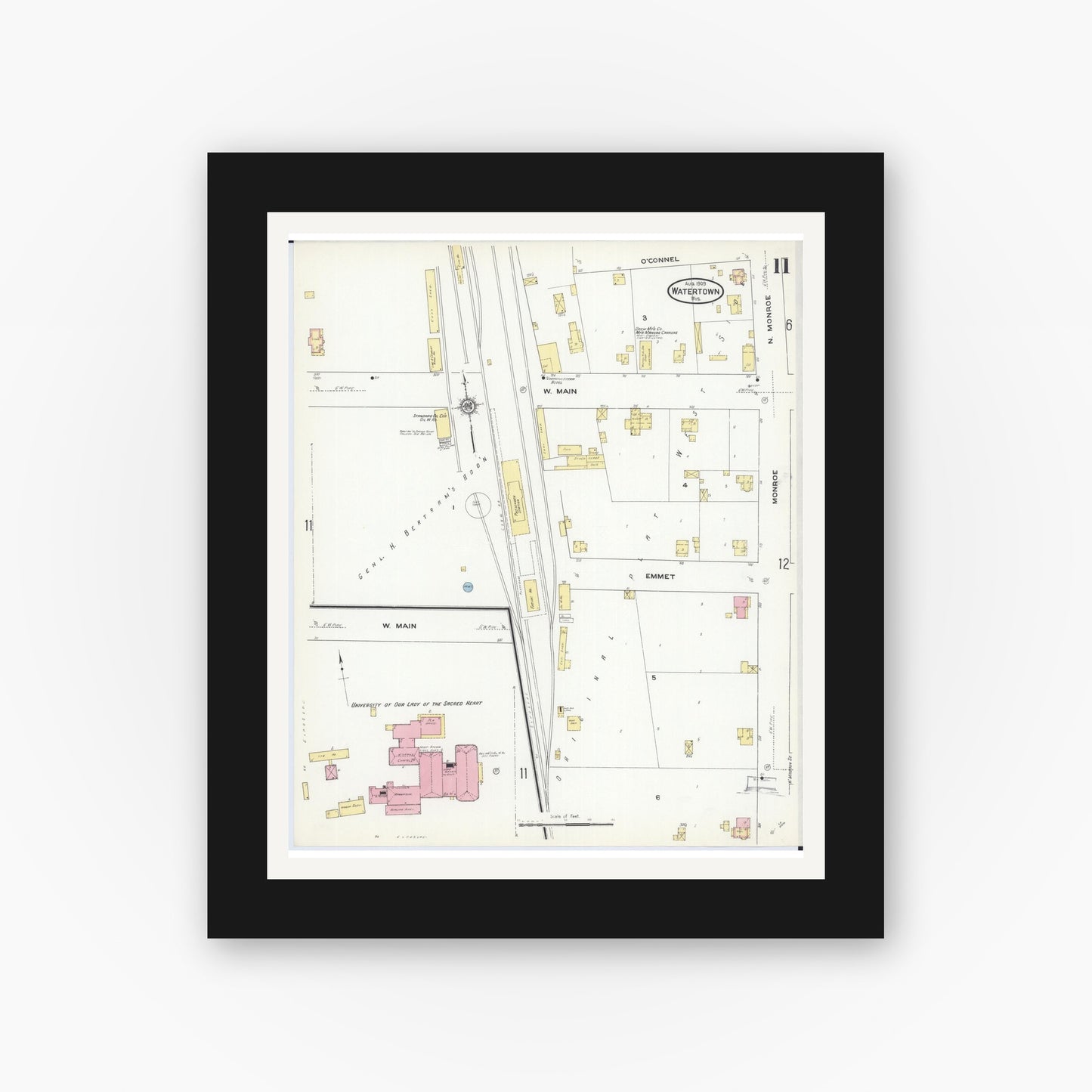 Old map wall art mockup — black gallery frame with white mat — Sanborn Fire Insurance Map from Watertown, Jefferson County, Wisconsin (1909), Sheet #0011