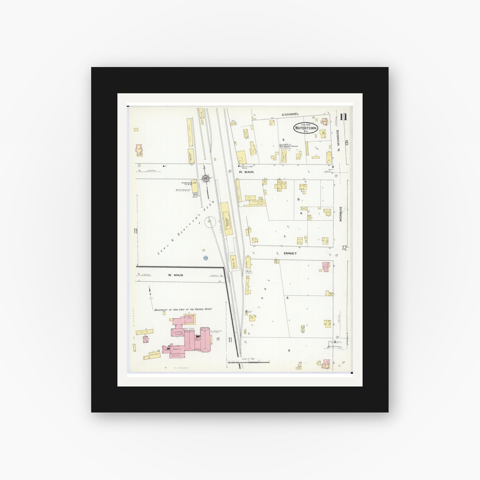 Old map wall art mockup — black gallery frame with white mat — Sanborn Fire Insurance Map from Watertown, Jefferson County, Wisconsin (1909), Sheet #0011