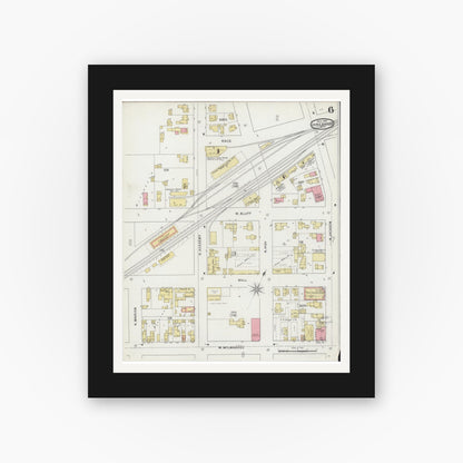 Old map wall art mockup — black gallery frame with white mat — Sanborn Fire Insurance Map from Janesville, Rock County, Wisconsin (1895), Sheet #0006