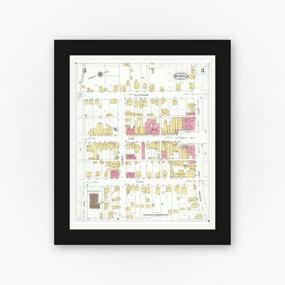 Old map wall art mockup — black gallery frame with white mat — Sanborn Fire Insurance Map from Woodsfield, Monroe County, Ohio (1923), Sheet #0003