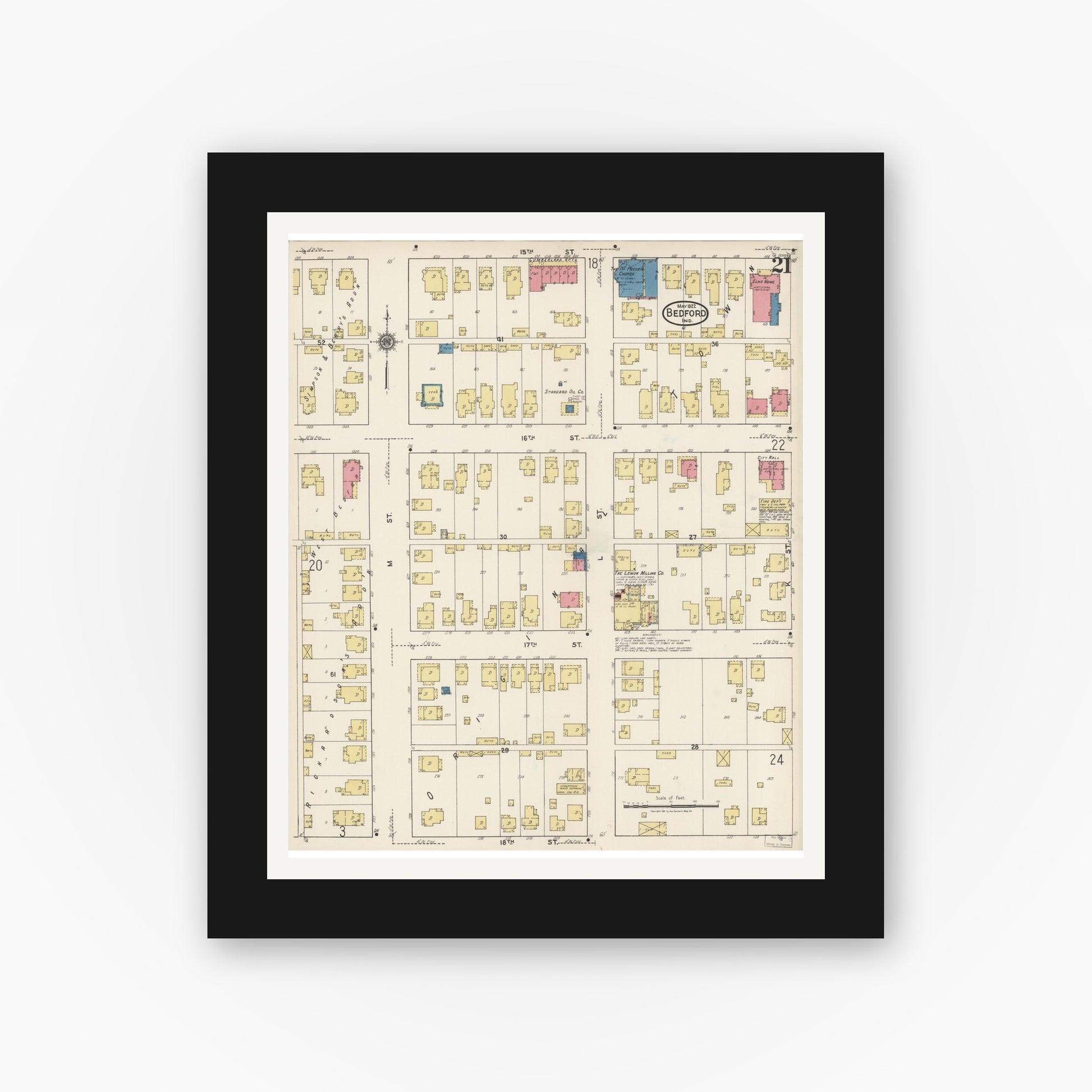 Old map wall art mockup — black gallery frame with white mat — Sanborn Fire Insurance Map from Bedford, Lawrence County, Indiana (1922), Sheet #0021