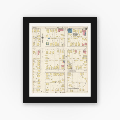 Old map wall art mockup — black gallery frame with white mat — Sanborn Fire Insurance Map from Bedford, Lawrence County, Indiana (1922), Sheet #0021