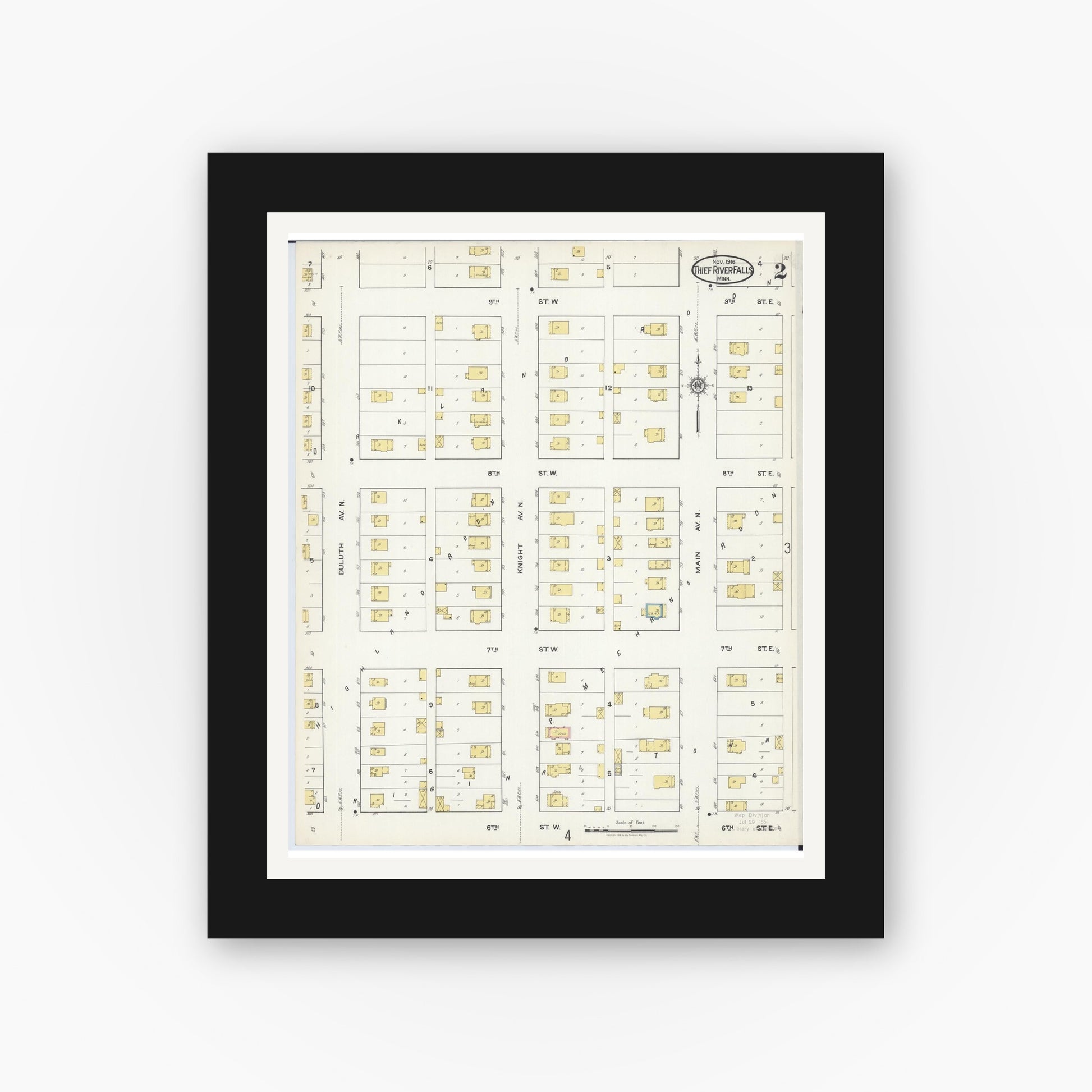 Old map wall art mockup — black gallery frame with white mat — Sanborn Fire Insurance Map from Thief River Falls, Pennington County, Minnesota (1916), Sheet #0002