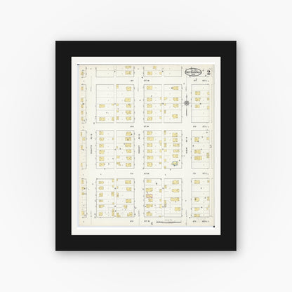 Old map wall art mockup — black gallery frame with white mat — Sanborn Fire Insurance Map from Thief River Falls, Pennington County, Minnesota (1916), Sheet #0002