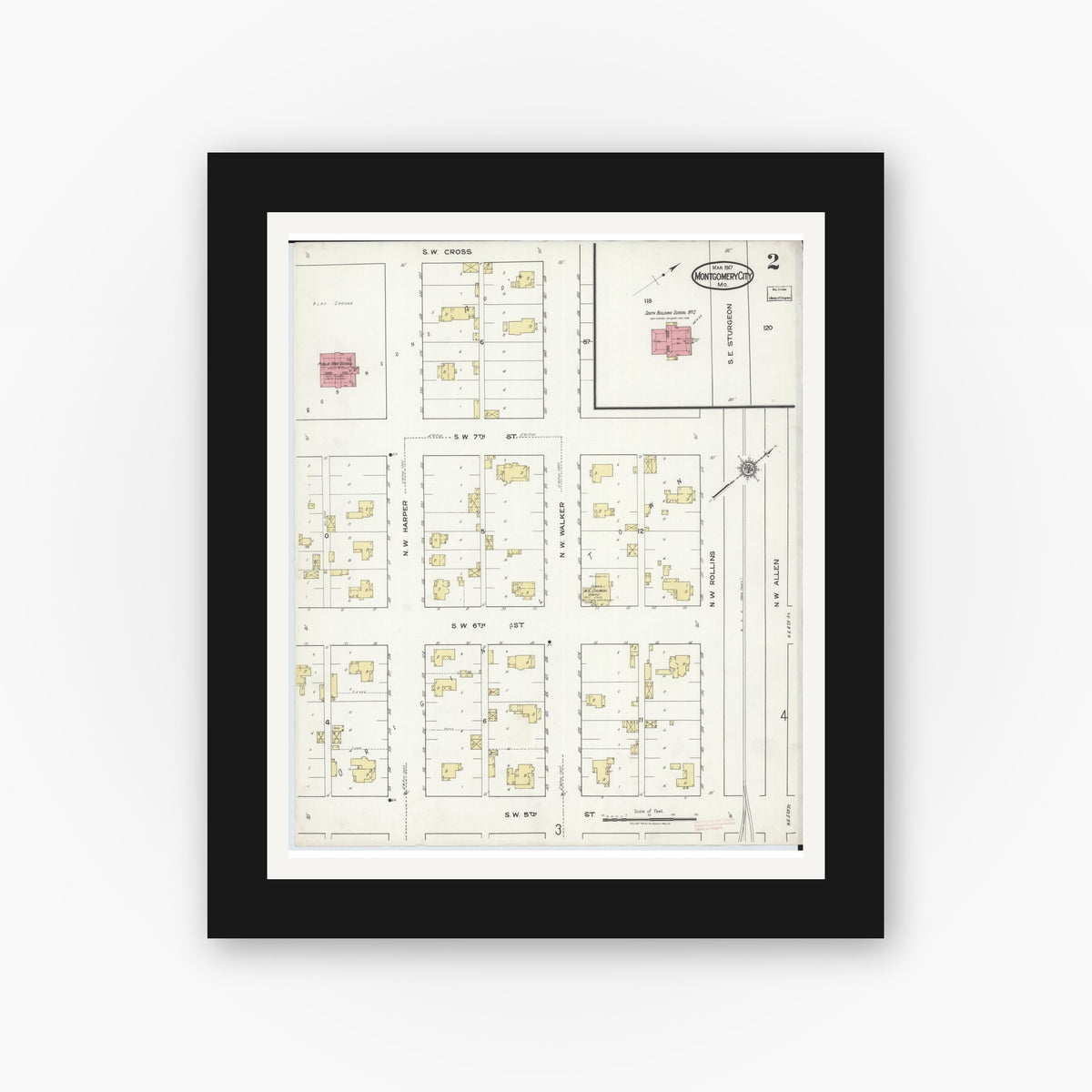 Old map wall art mockup — black gallery frame with white mat — Sanborn Fire Insurance Map from Montgomery City, Montgomery County, Missouri (1917), Sheet #0002