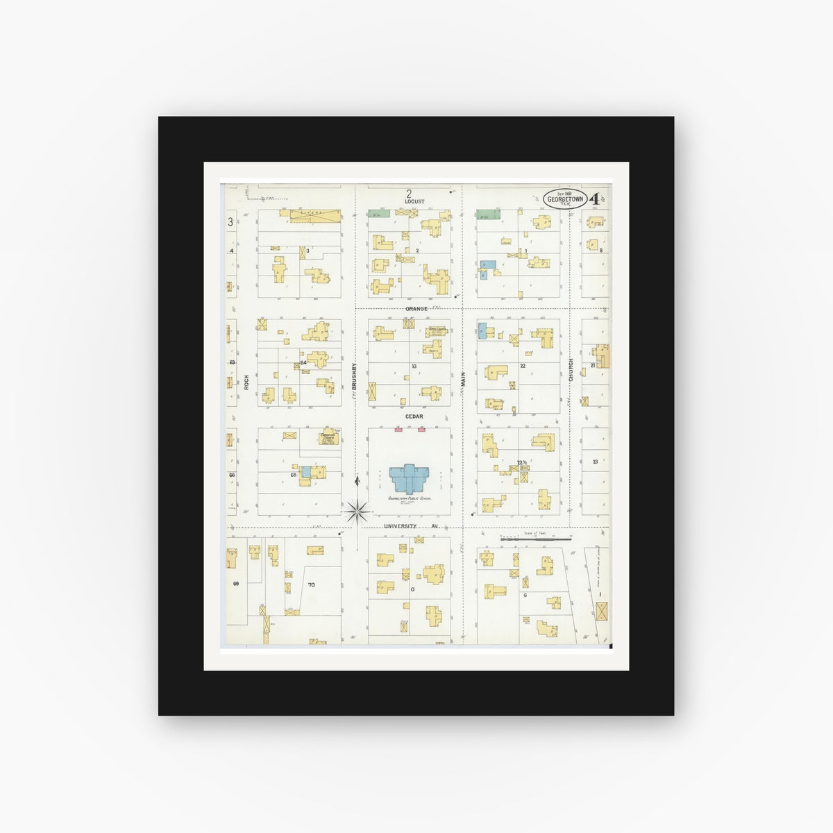 Old map wall art mockup — black gallery frame with white mat — Sanborn Fire Insurance Map from Georgetown, Williamson County, Texas (1900), Sheet #0004