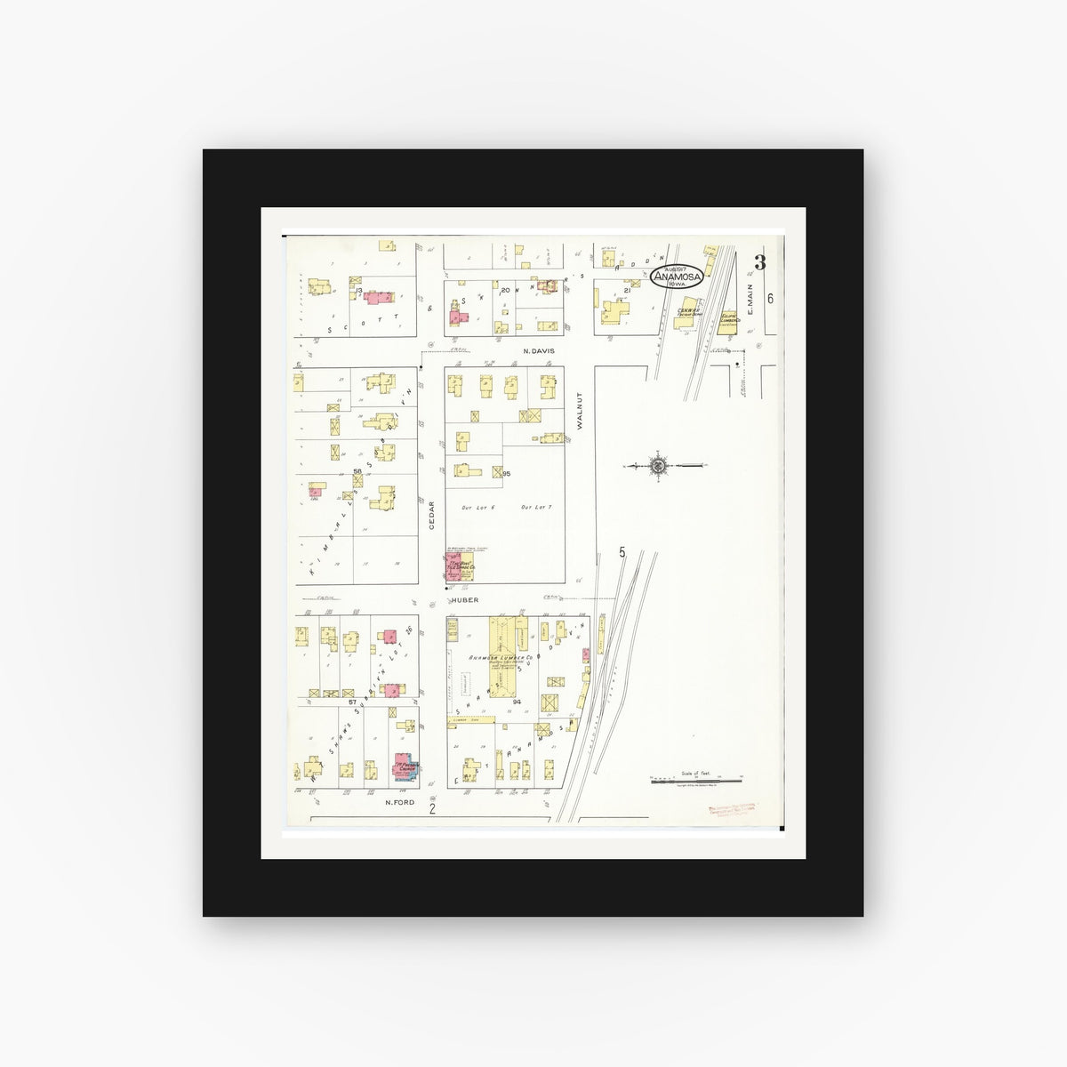 Old map wall art mockup — black gallery frame with white mat — Sanborn Fire Insurance Map from Anamosa, Jones County, Iowa (1917), Sheet #0003
