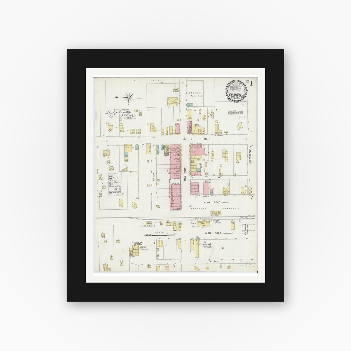Old map wall art mockup — black gallery frame with white mat — Sanborn Fire Insurance Map from Plano, Collin County, Texas (1896), Sheet #0001
