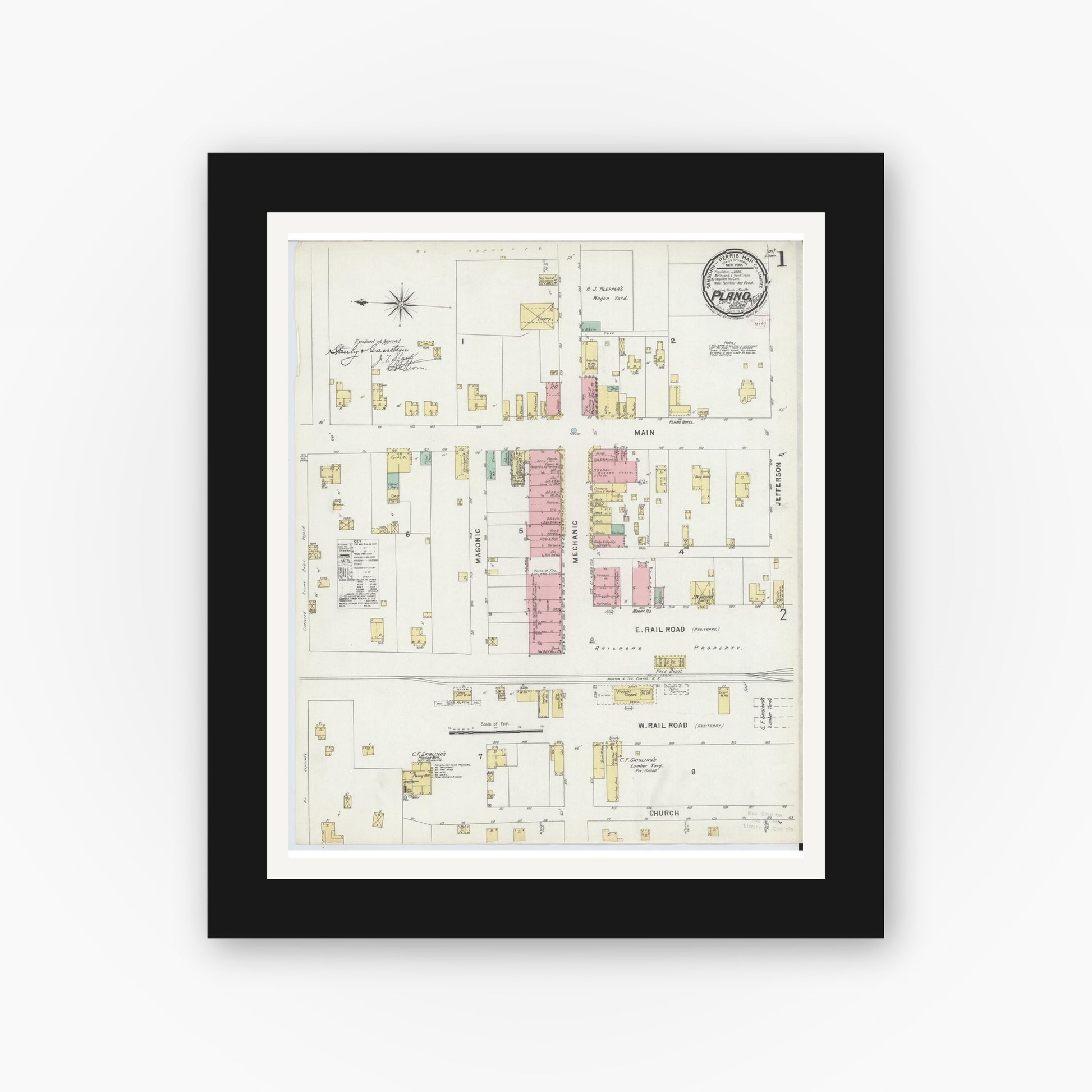 Old map wall art mockup — black gallery frame with white mat — Sanborn Fire Insurance Map from Plano, Collin County, Texas (1896), Sheet #0001