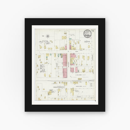 Old map wall art mockup — black gallery frame with white mat — Sanborn Fire Insurance Map from Plano, Collin County, Texas (1896), Sheet #0001