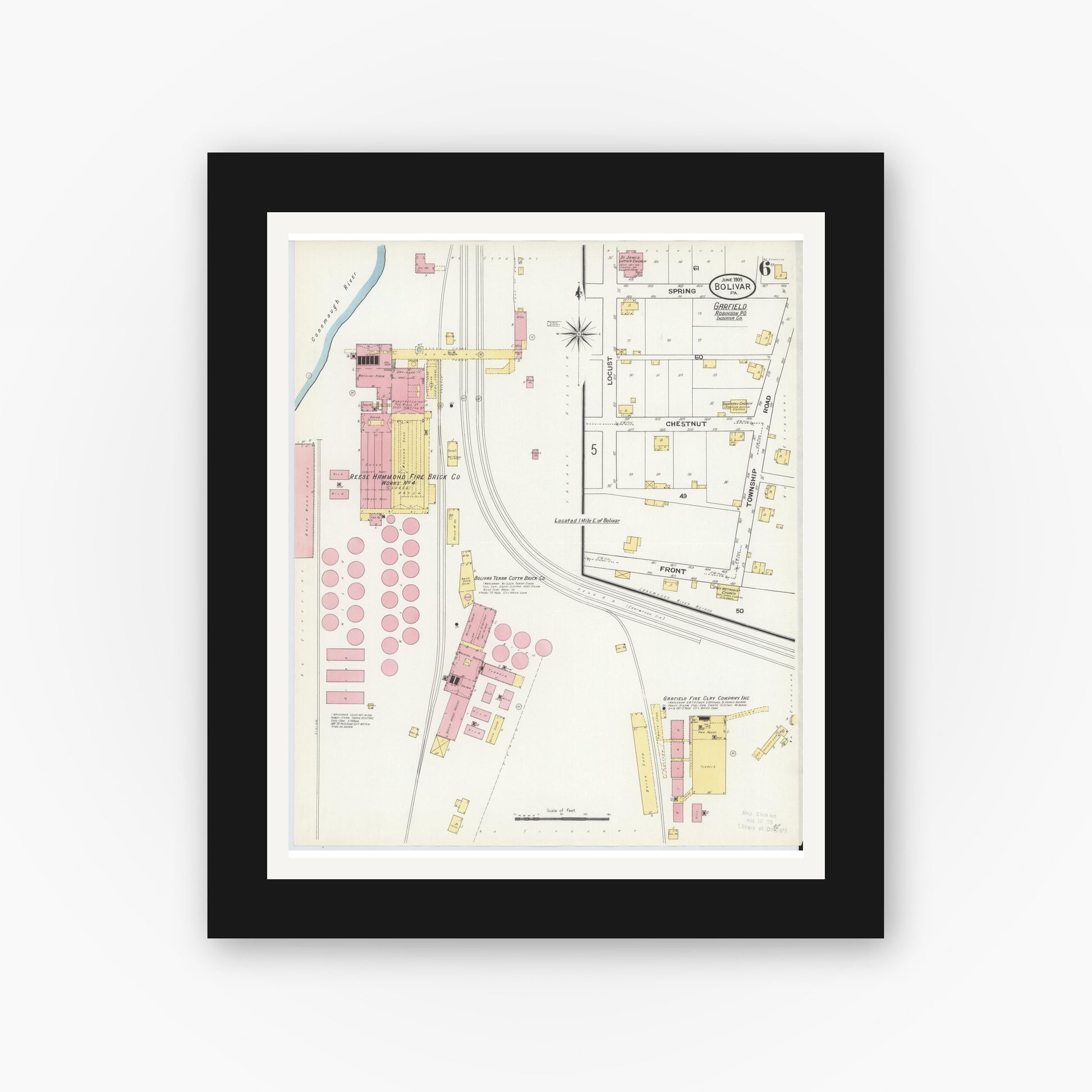 Old map wall art mockup — black gallery frame with white mat — Sanborn Fire Insurance Map from Bolivar, Westmoreland County, Pennsylvania (1909), Sheet #0006