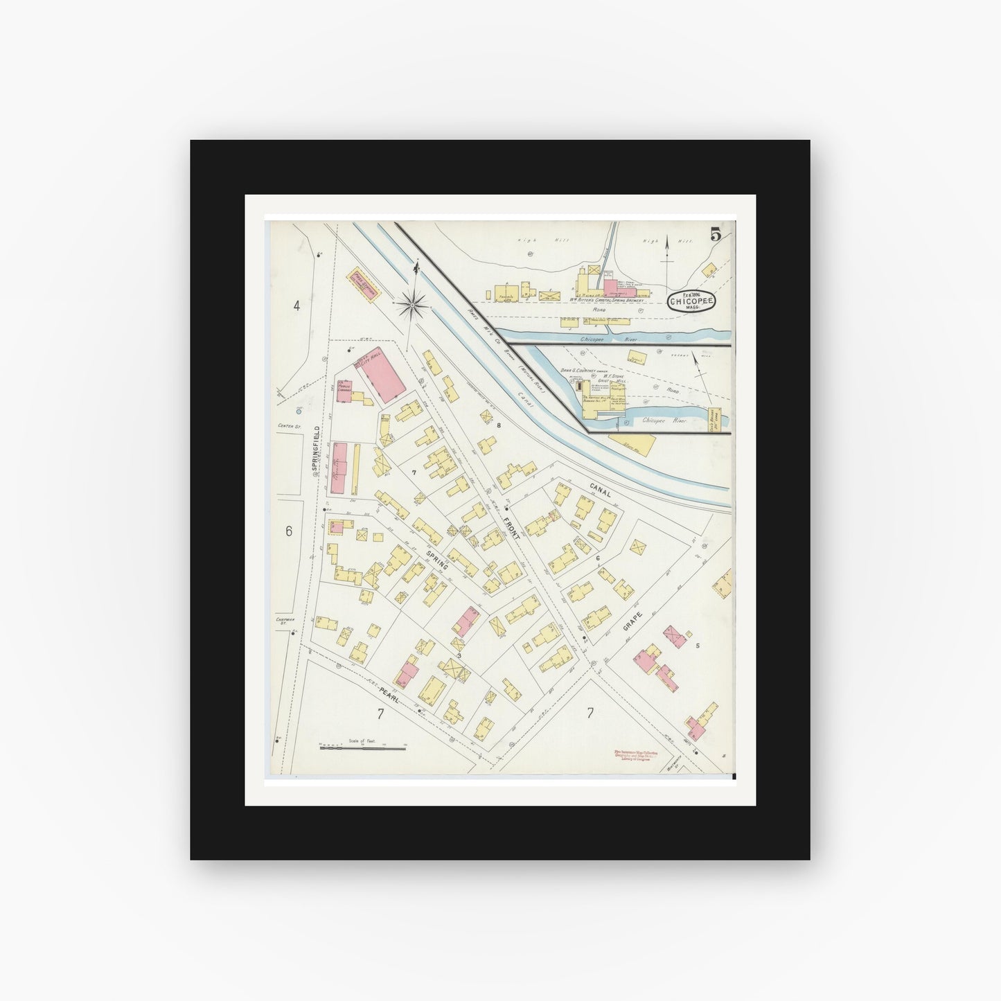 Old map wall art mockup — black gallery frame with white mat — Sanborn Fire Insurance Map from Chicopee, Hampden County, Massachusetts (1896), Sheet #0005