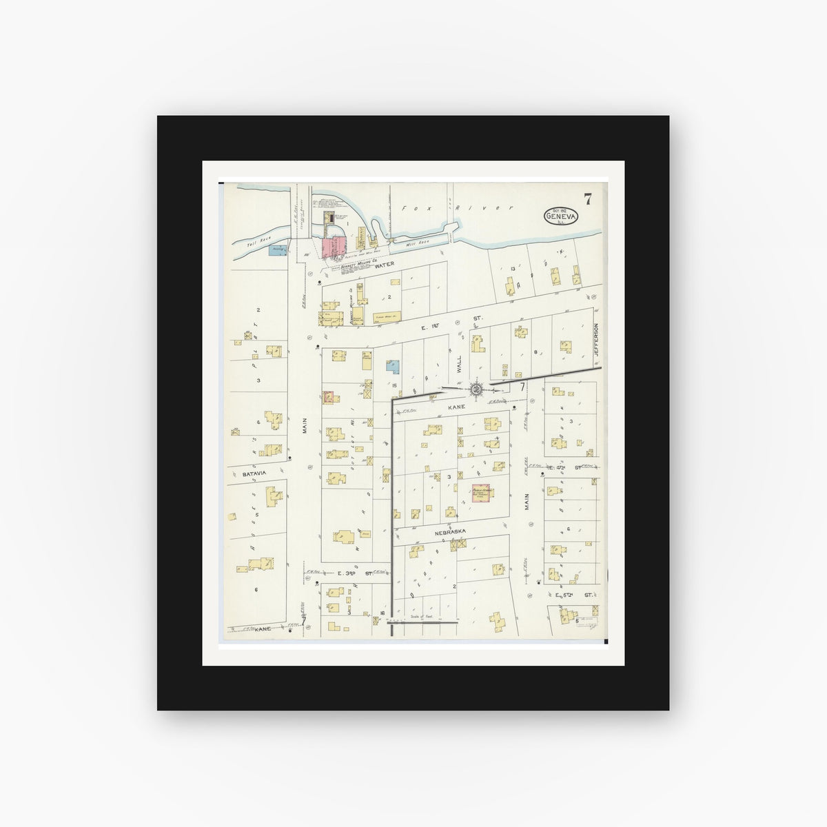 Old map wall art mockup — black gallery frame with white mat — Sanborn Fire Insurance Map from Geneva, Kane County, Illinois (1912), Sheet #0007
