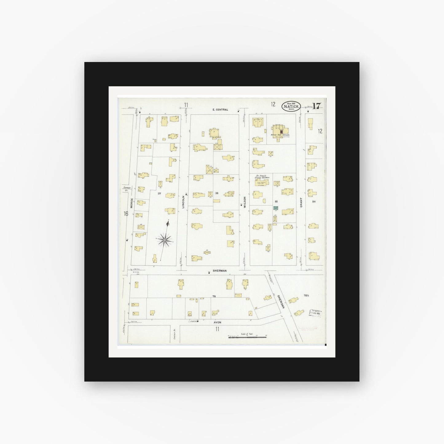 Old map wall art mockup — black gallery frame with white mat — Sanborn Fire Insurance Map from Natick, Middlesex County, Massachusetts (1909), Sheet #0017
