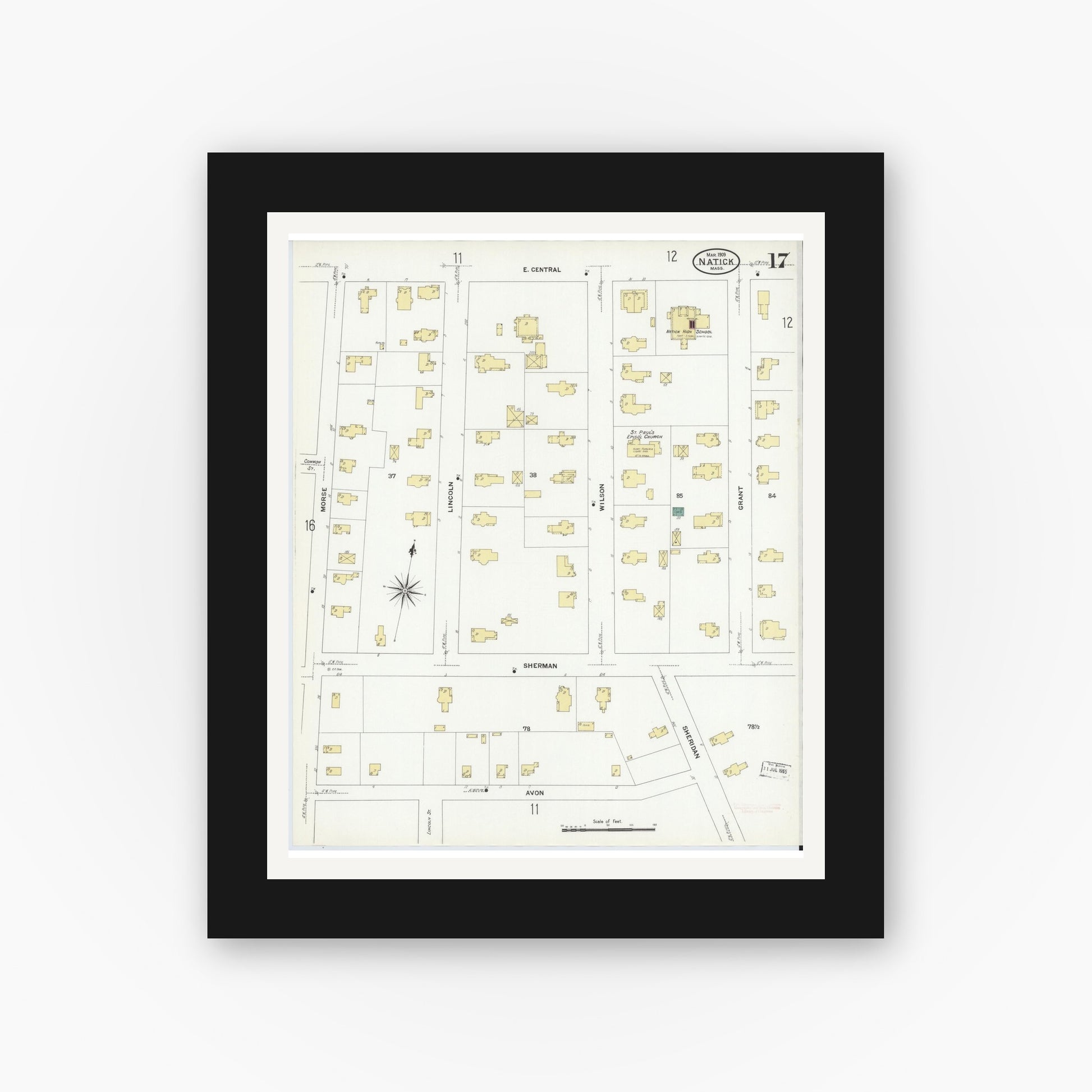 Old map wall art mockup — black gallery frame with white mat — Sanborn Fire Insurance Map from Natick, Middlesex County, Massachusetts (1909), Sheet #0017