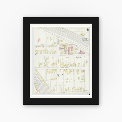 Old map wall art mockup — black gallery frame with white mat — Sanborn Fire Insurance Map from Galion, Crawford County, Ohio (1897), Sheet #0011