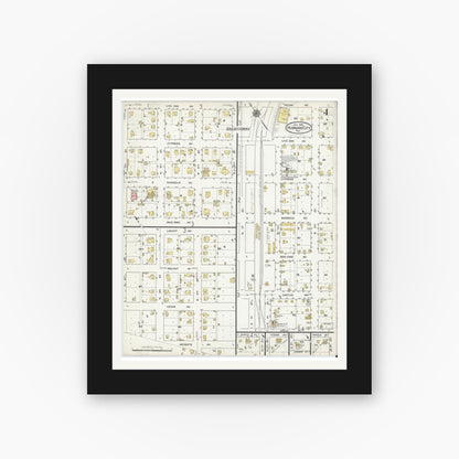 Old map wall art mockup — black gallery frame with white mat — Sanborn Fire Insurance Map from Hubbard, Hill County, Texas (1916), Sheet #0004