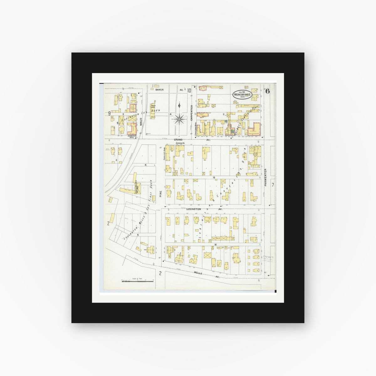 Old map wall art mockup — black gallery frame with white mat — Sanborn Fire Insurance Map from Menominee, Menominee County, Michigan (1901), Sheet #0006