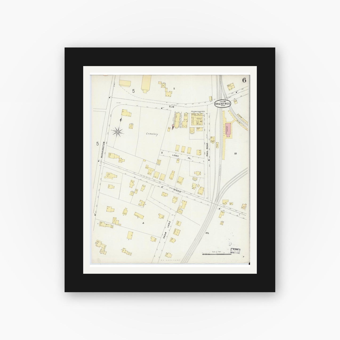 Old map wall art mockup — black gallery frame with white mat — Sanborn Fire Insurance Map from Braintree, Norfolk County, Massachusetts (1896), Sheet #0006